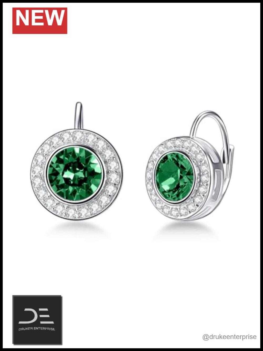 Sterling Silver Halo Leverback Earrings Round Cut Crystal Drop Dangle